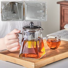 跨境珍珠棉耐高温多规格带把手四方茶壶高硼硅玻璃简约加厚泡茶壶