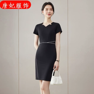职业连衣裙女夏季新款黑色气质OL收腰显瘦美容师包臀一步裙工作服