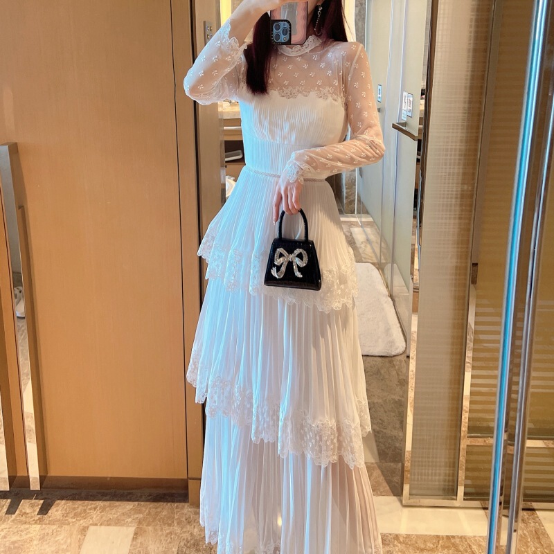 White Fairy Style Elegant Cake Long Dress Lace Embroidered Chiffon Long Sleeve Tight High Waist Slim-Fit Slim Dress