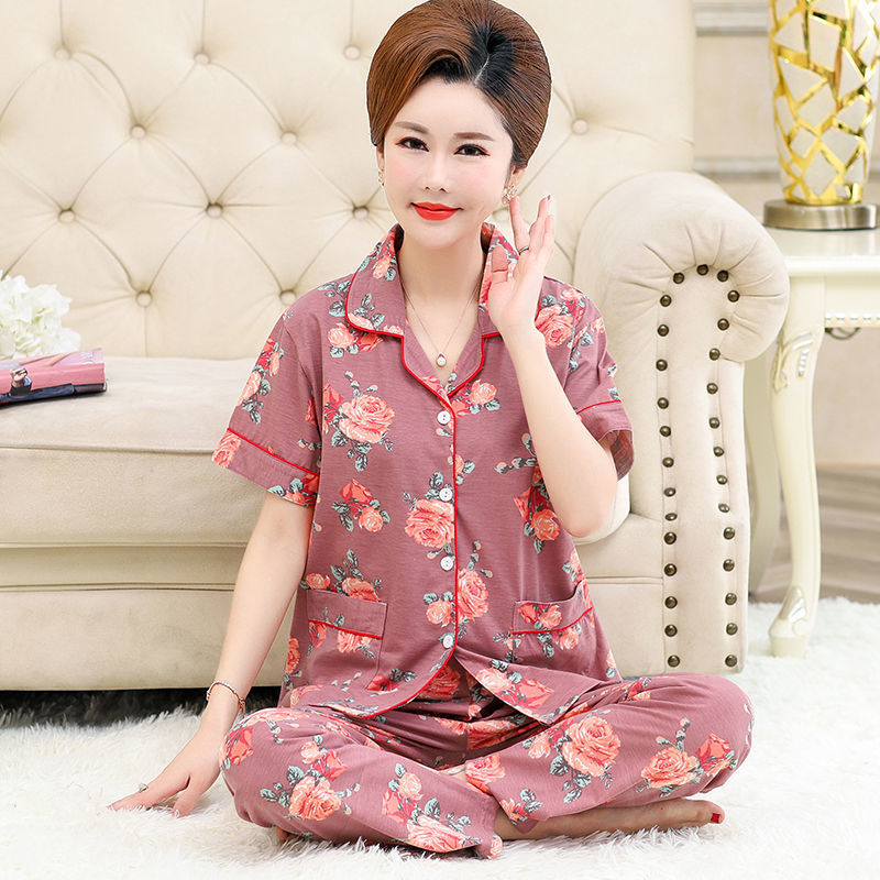 100% algodón de mediana edad y ancianos pijamas pantalones de manga corta de las mujeres delgadas de dos piezas ropa exterior suelta ropa para el hogar