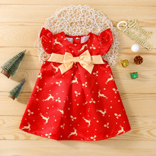 歐美外貿童裝新款女童秋款聖誕款短袖卡通印花蝴蝶結連衣裙禮服裙