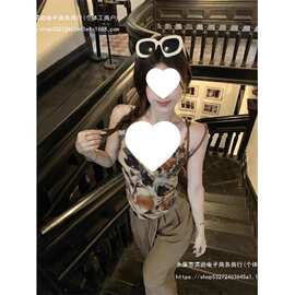 油画感蝴蝶结系带露背吊带背心女夏季修身外穿不规则抹胸辣妹上衣