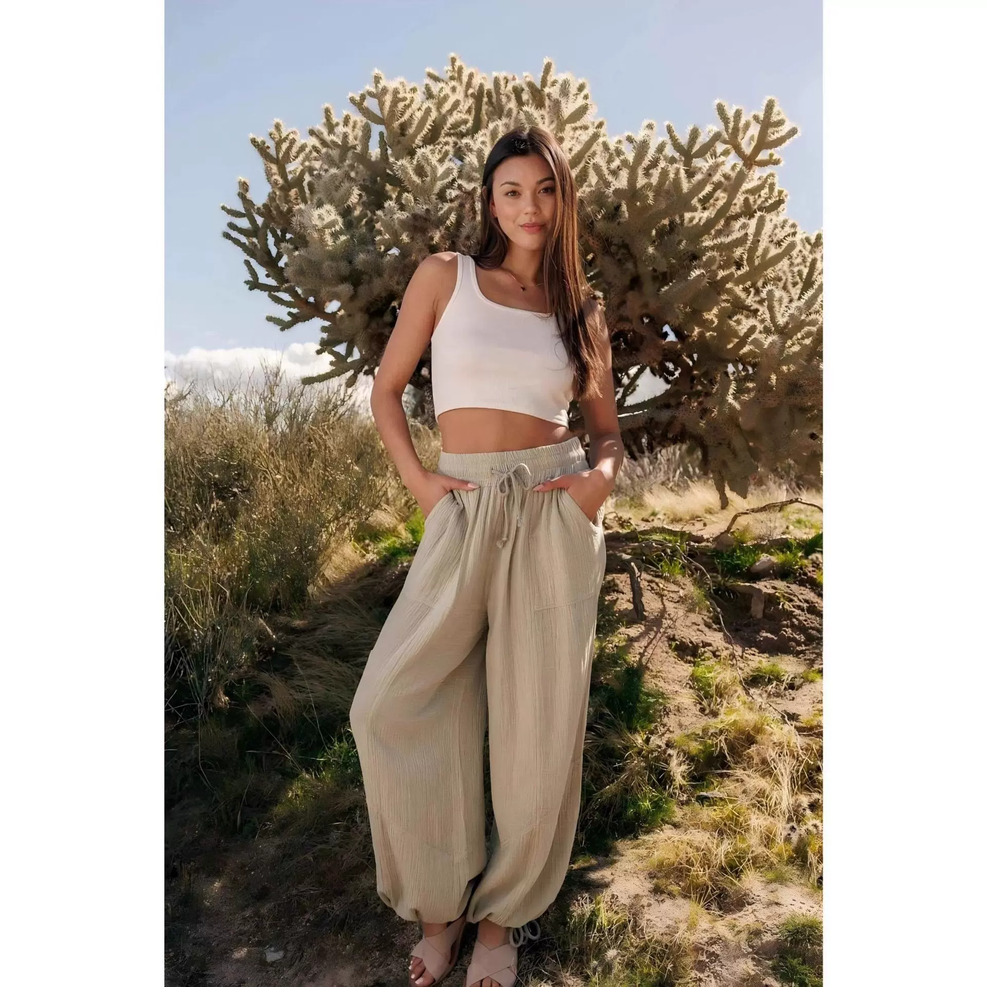 2025亚马逊wish欧美跨境春夏时尚口袋高腰纯色打揽束脚松紧休闲裤