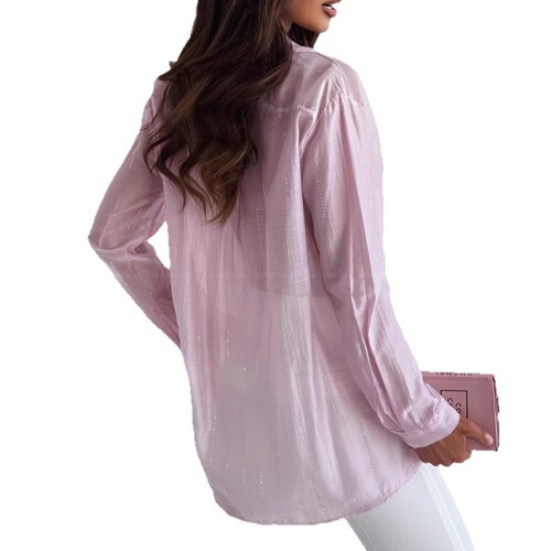 Spring New Amazon Cross-border Women's Fashion European and American Sexy Pure Color Heat Transfer Rhinestone See-through Single Button Long-sleeved Shirt 