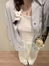 蓝白条纹蝴蝶结印花防晒衬衫女2025春夏新款薄款宽松长袖衬衣外套