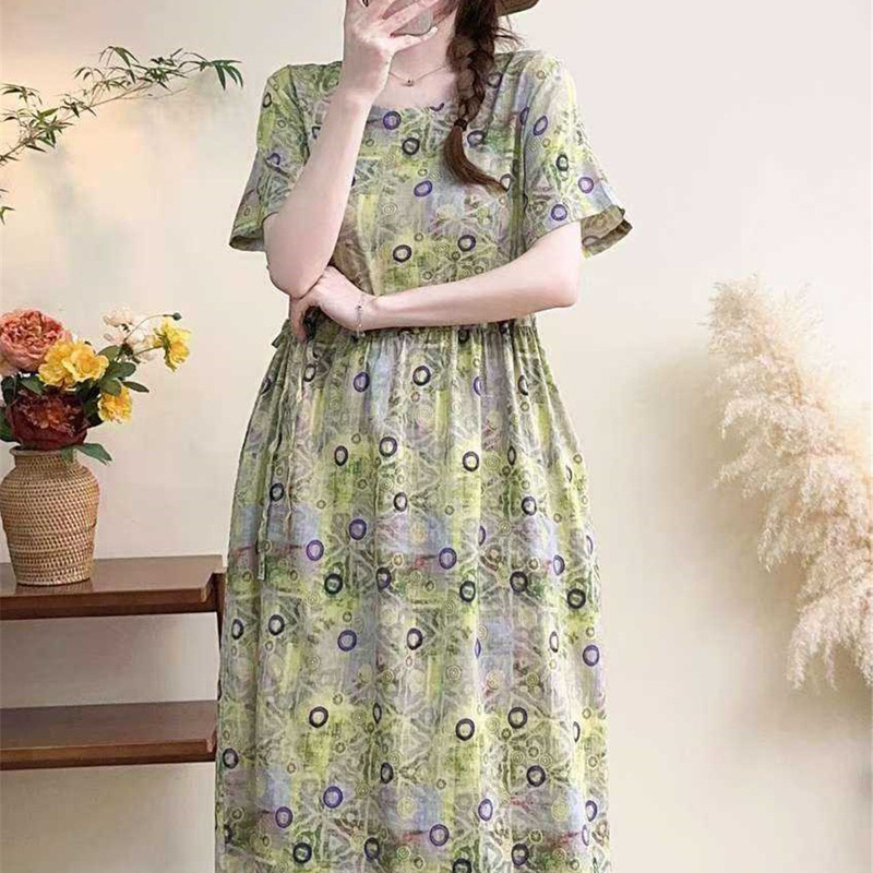 2025 Summer Cotton Blend Digital Printing Short-sleeved Long Skirt with Drawstring Waist Women's Artistic LONG dress