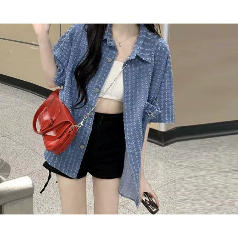 Ретро летний тонкий_denim набор, 2025 год, стиль Шанель, 3 предмета, с коротким рукавом, высокая талия
