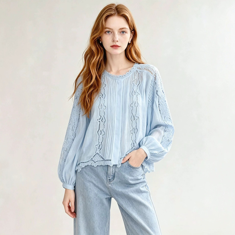 Nanyou French-style light blue lace blouse for women 2026 spring and autumn accordion pleat hollow lantern sleeve shirt Nanyou French-style light blue lace blouse for women 2026 spring and autumn accordion pleat hollow lantern sleeve shirt