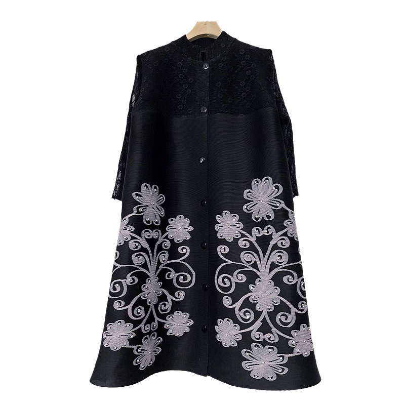 Abbigliamento da donna in pizzo a rete plissettato mattone caldo + giacca da abito di media lunghezza con fiori fatti a mano_voghion.com