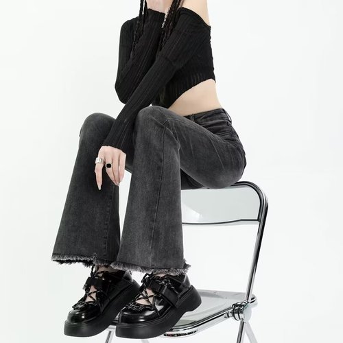 Women's High-Waisted Slimming Black and Grey Frayed Micro-Bellbottom Jeans for Spring and Summer Online Supermarket in Guangzhou
