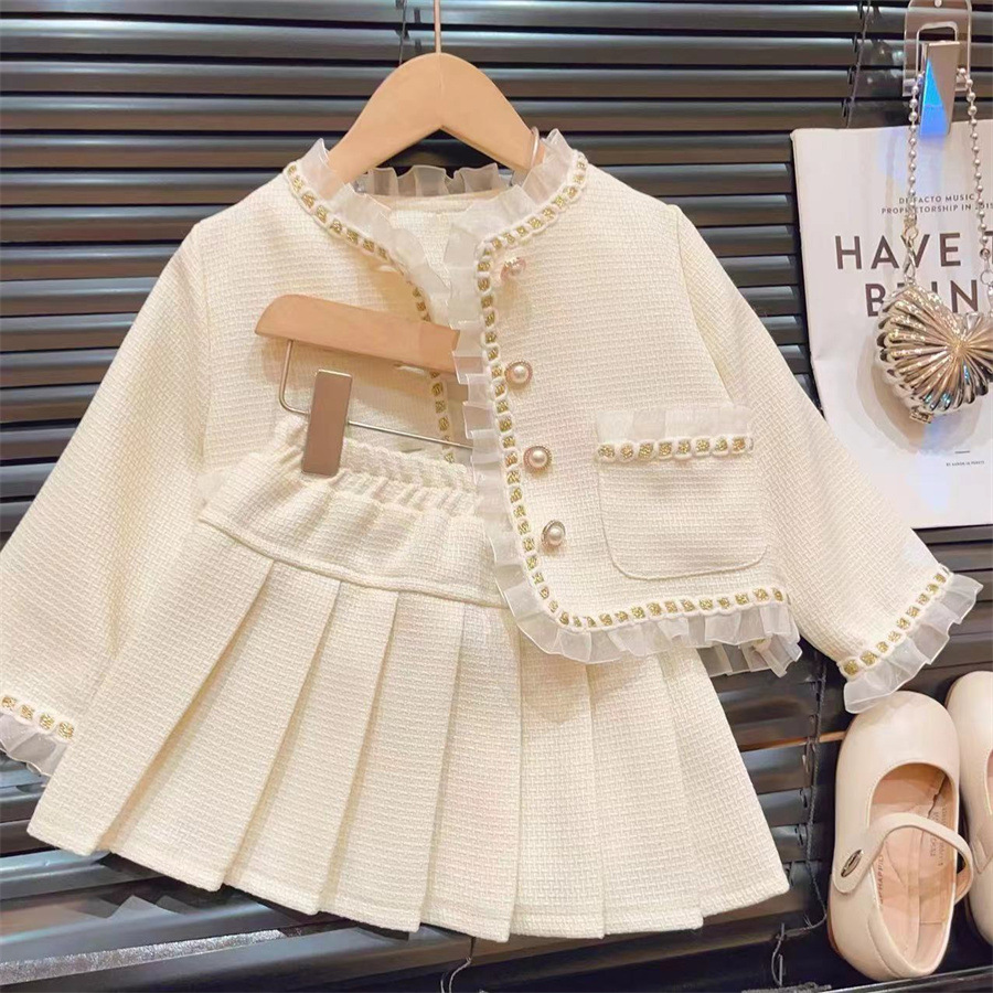 Autumn 2024 New Entry Light Luxury Foreign Style Girl's Chanel Style suit Baby Girl's Fashion Coat Pleated Skirt Two Pieces