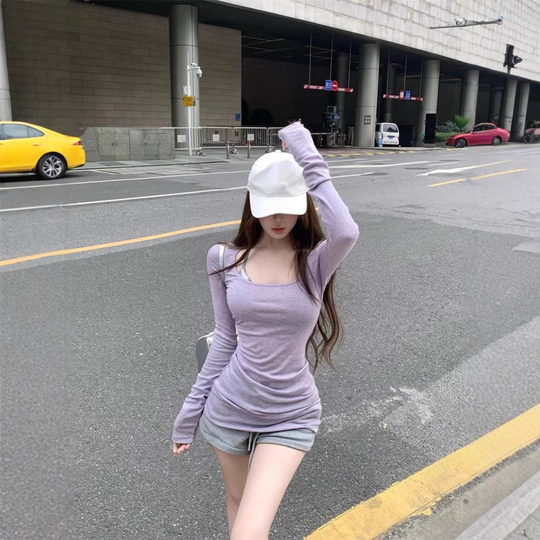 上衣修身女u早正肩领T恤紧身防晒罩衫春季内搭长袖紫色薄款打底衫