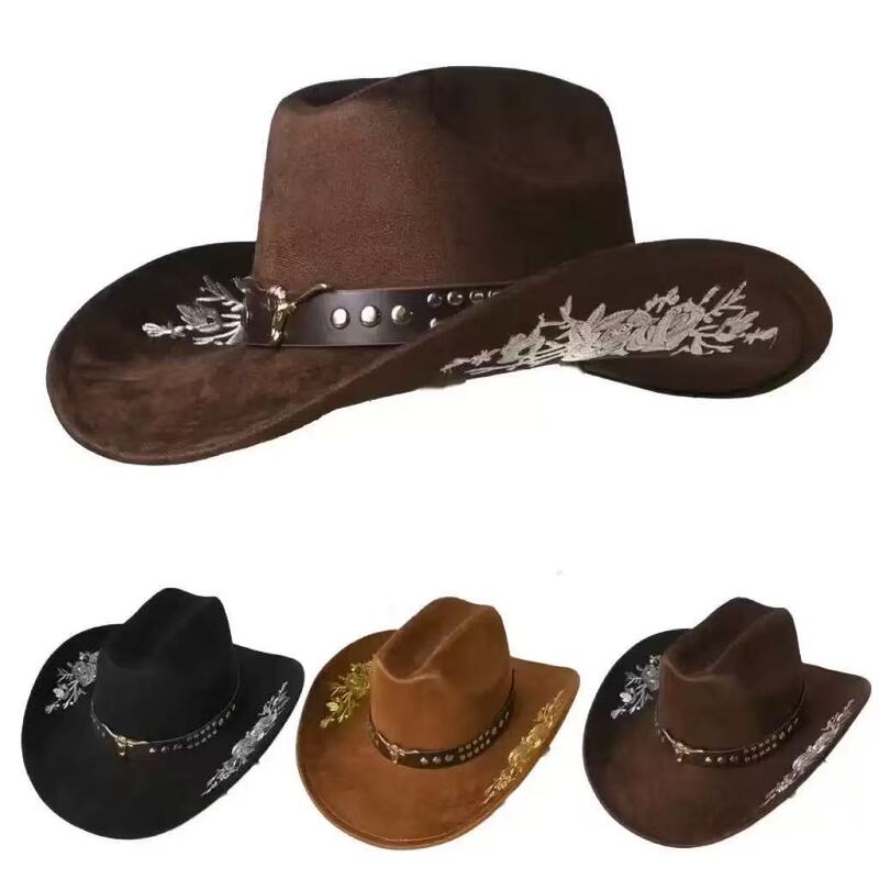 Fashion Embroidered Suede Western Cowboy Hat with Large Brim and Bull Head Belt Decoration Outdoor Hat Women's Top Hat