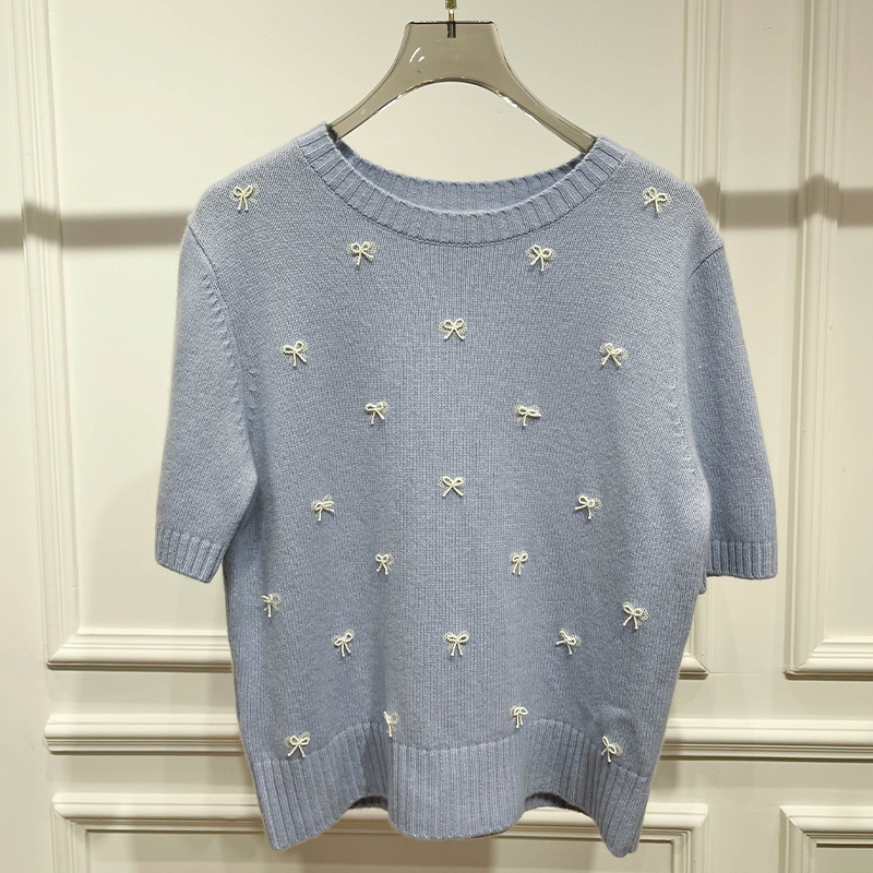2025秋の新作韓国風ボトリングシャツレディーススタイル半袖ショートスリム万能ニットTシャツビーズトップ|undefined