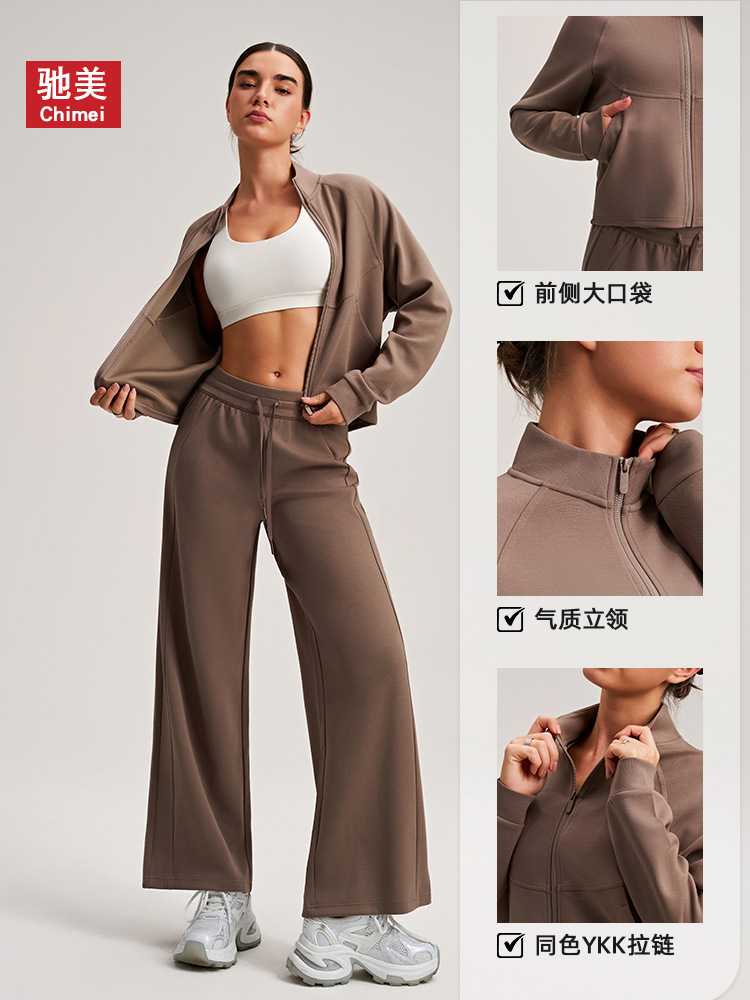 Otoño y invierno temperamento de collar vertical abrigo deportivo mangas largas delgado versátil ropa de fitness delgada bolsillo grande chaqueta casual suelta