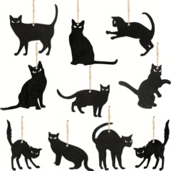 跨境热销木质万圣节黑猫剪影圣诞树木挂件日派对礼品镂空装饰