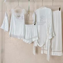 2025春秋季新款丝绸六件套装烫钻字母拼蕾丝花边带眼罩女士睡衣