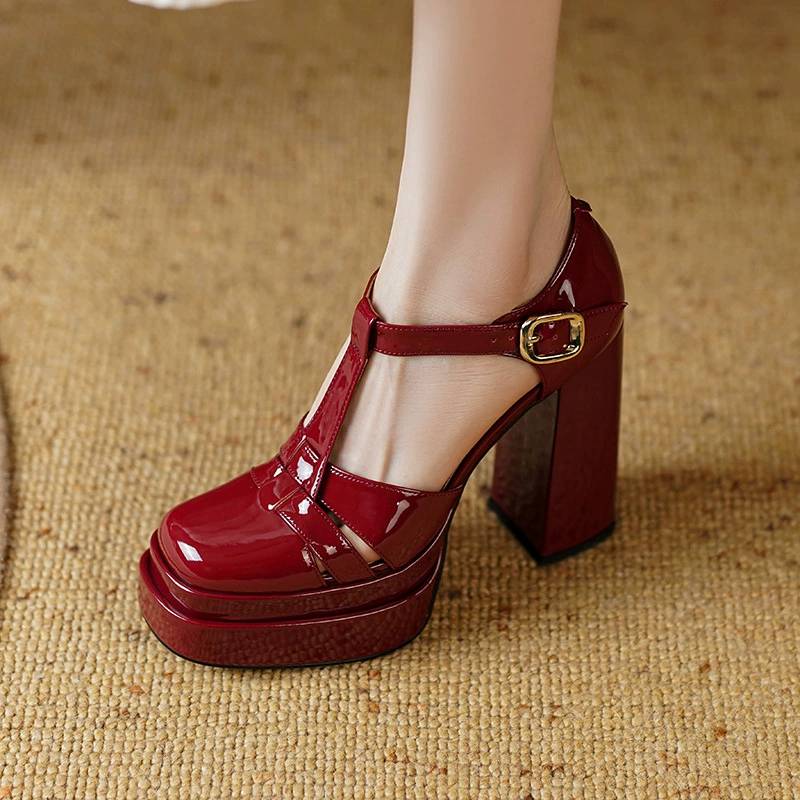 Туфли-сандалии женские, лакированная коровья кожа, каблук 12 см, платформа 4 см, европейский стиль
