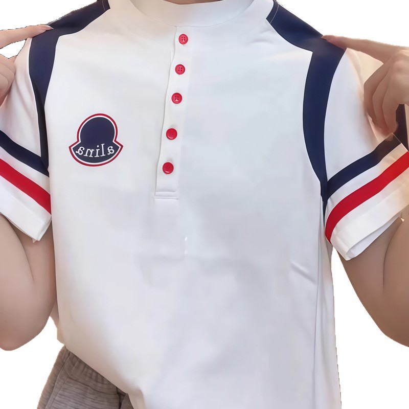 ピュアコットンハーフオープンカラーコントラストストライプ半袖Tシャツ女性用2025夏新作ルーズ韓国スタイルニッチカジュアルトップ|undefined
