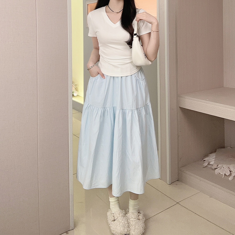 2025 Spring and Summer New Pocket Pleated Half-length Dress Women's High Waist Slimming Mid-length Dress Draped Chiffon Long Dress