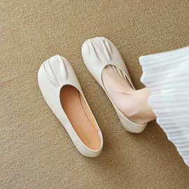 2025新款 993-1圆头单鞋女平底褶皱一脚蹬复古奶奶鞋软底玛丽珍鞋