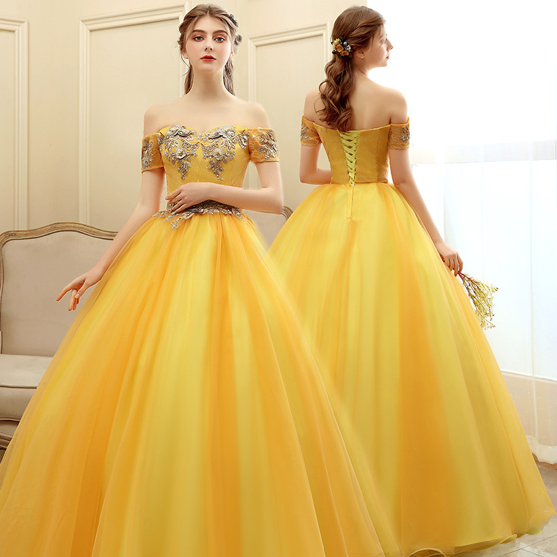 New Wedding Dress Golden One-Shoulder Evening Dress Solo Host Performance Tutu Dress Long Female Photo Studio Theme