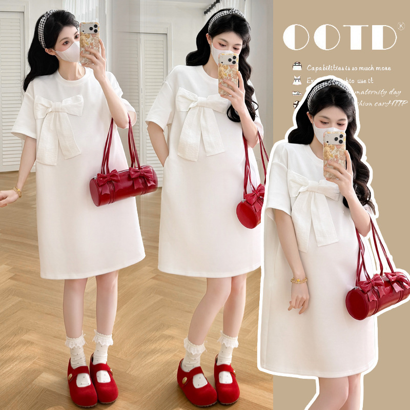 2026 Summer Maternity Wear Sweet and Fashionable Bow T-Shirt Dress New Korean Style Loose Belly-Covering Age-Reducing Maternity Dress
