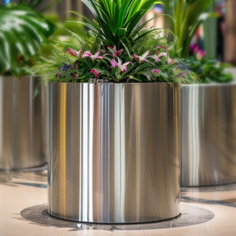 maceta de flores cilíndrica de acero inoxidable maceta de flores cilíndrica al aire libre de alta calidad maceta de flores de jardinería simple caja de flores metálica grande caja de flores image 3
