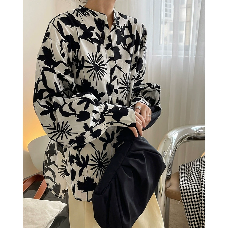 Ранняя осень новая французская художественная элегантная черно-белая Повседневная рубашка с воротником-стойкой и рукавом-фонариком с принтом Свободный Топ для похудения для женщин