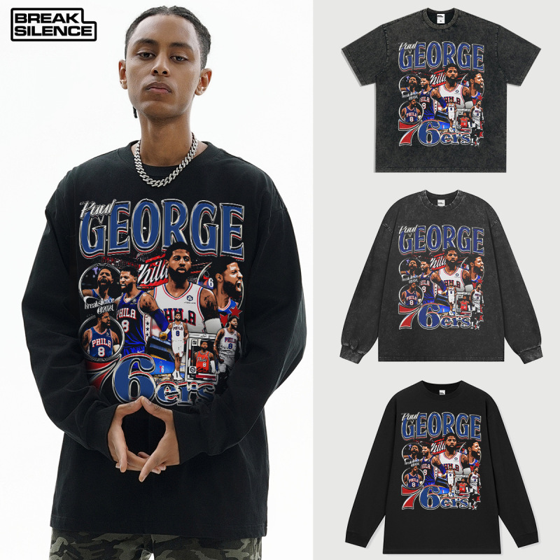 PAUL GEORGE Paul George American Trendy Printed Short-Sleeved T-Shirt with Small Nair Collar for Men American Heavy Washed Long Sleeve PAUL GEORGE Paul George American Trendy Printed Short-Sleeved T-Shirt with Small Nair Collar for Men American Heavy Washed Long Sleeve