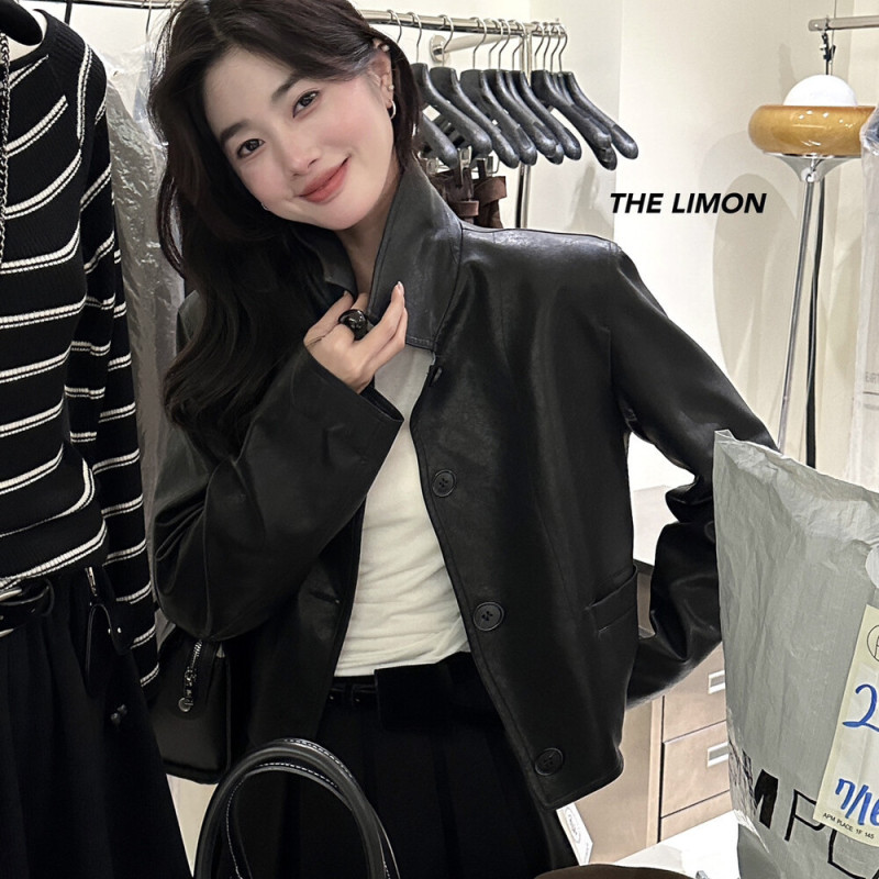 the limon柠檬绿茶2025秋季新款黑色翻领机车服皮夹克外套女皮衣|undefined