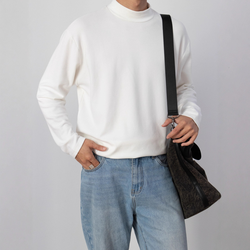 Merino Wool Half-High Collar T-Shirt for Men, Heavyweight Warm Wool Sweater, Men's Long-Sleeved T-Shirt, Men's Autumn and Winter Base Layer Shirt
