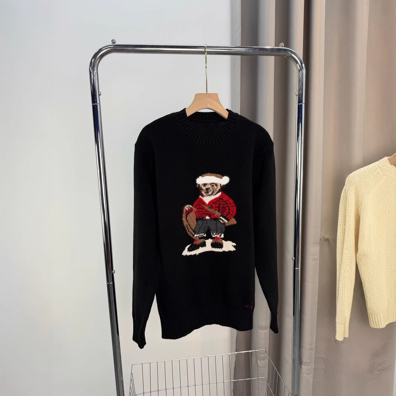 Men's Cotton Sweater, Classic Black Color with a Ski-Themed Bear Print Underneath