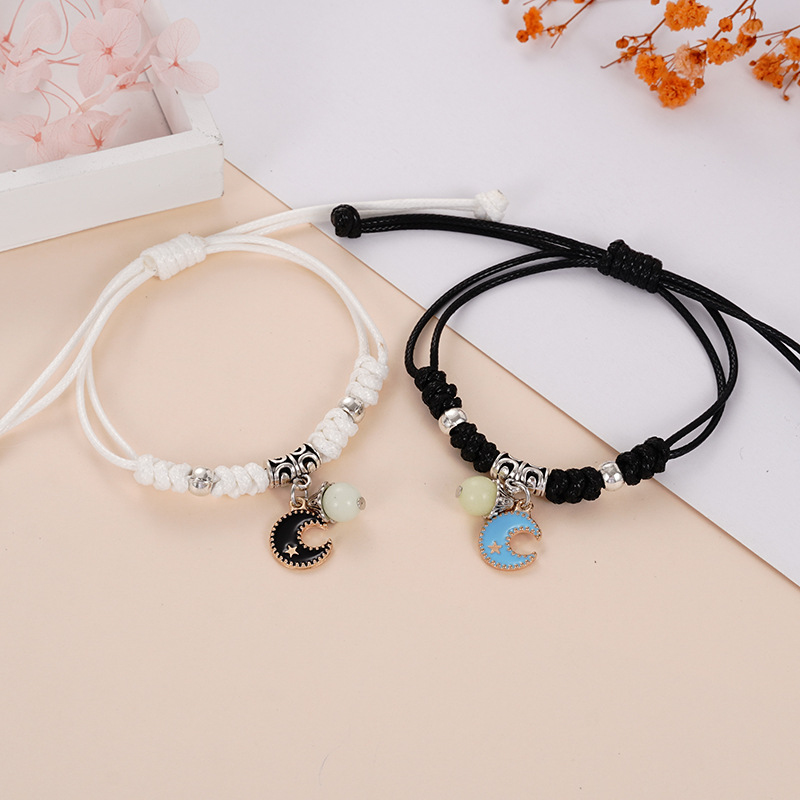 1 Pair Quantity Cute Moon Starfish Cat Alloy Luminous Beads Wax Line Woven Chain String Bracelets Wholesale