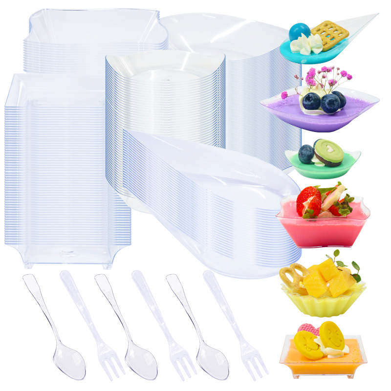 跨境一次性透明慕斯杯PS迷你多款式开胃菜盘甜点碗碟餐具组合套装