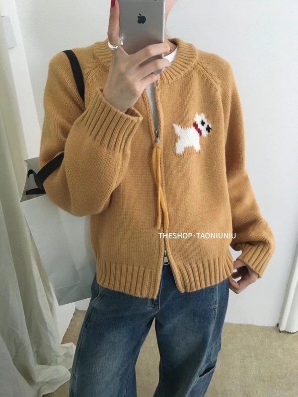 复古设计感卡通小狗圆领双拉链毛衣外套女秋冬宽松减龄针织开衫|undefined