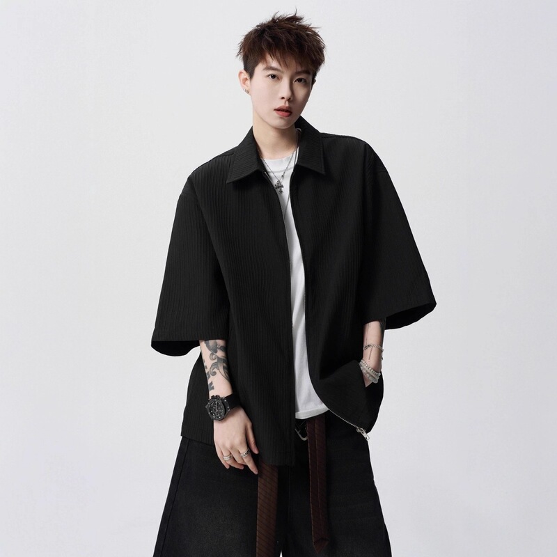 American-Style Ice Silk Short-Sleeve Men's Summer Trendy Versatile Drapey Casual Cardigan T-Shirt with a Stylish Loose-Fitting Jacket Shirt Design