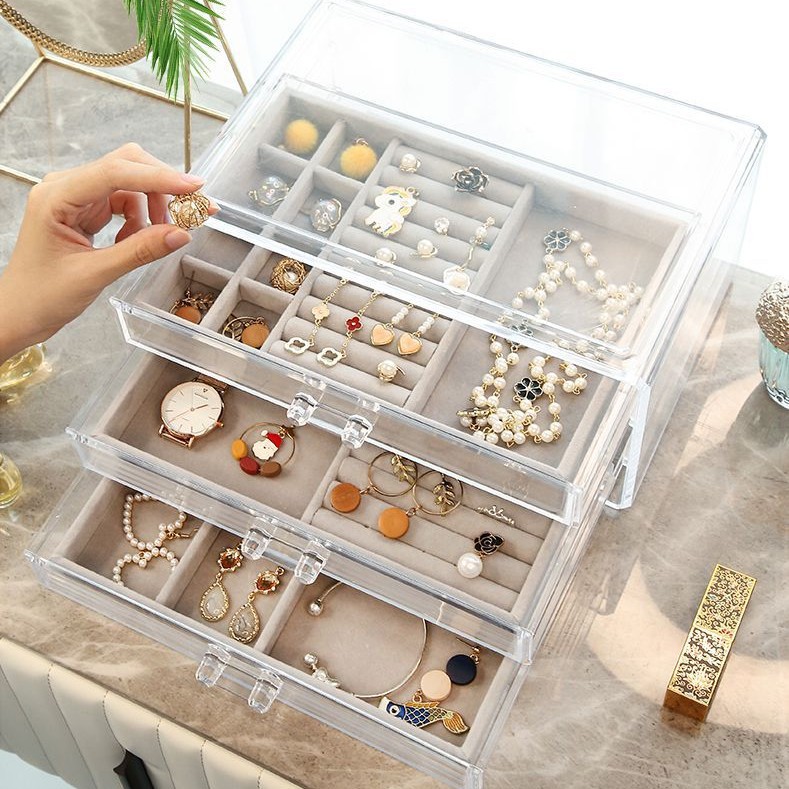Caja de joyería de franela beige transfronteriza multi-capa de terciopelo placa anillo de acrílico collar oreja compartimiento de joyería caja de joyería de acabado