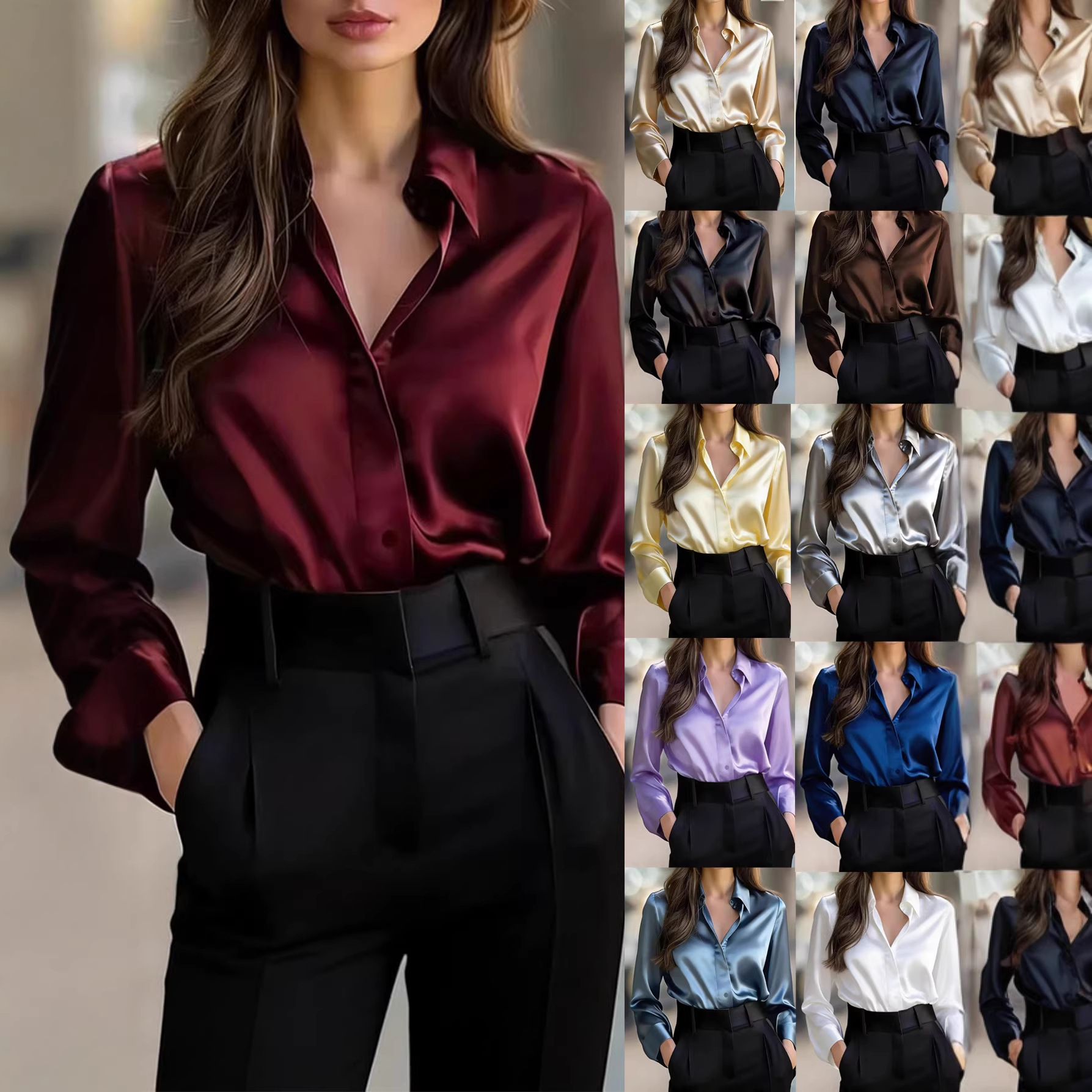 2025 European and American Style Elegant Long-Sleeve Shirt for Women, Autumn Polo Collar Polyester Cardigan Style