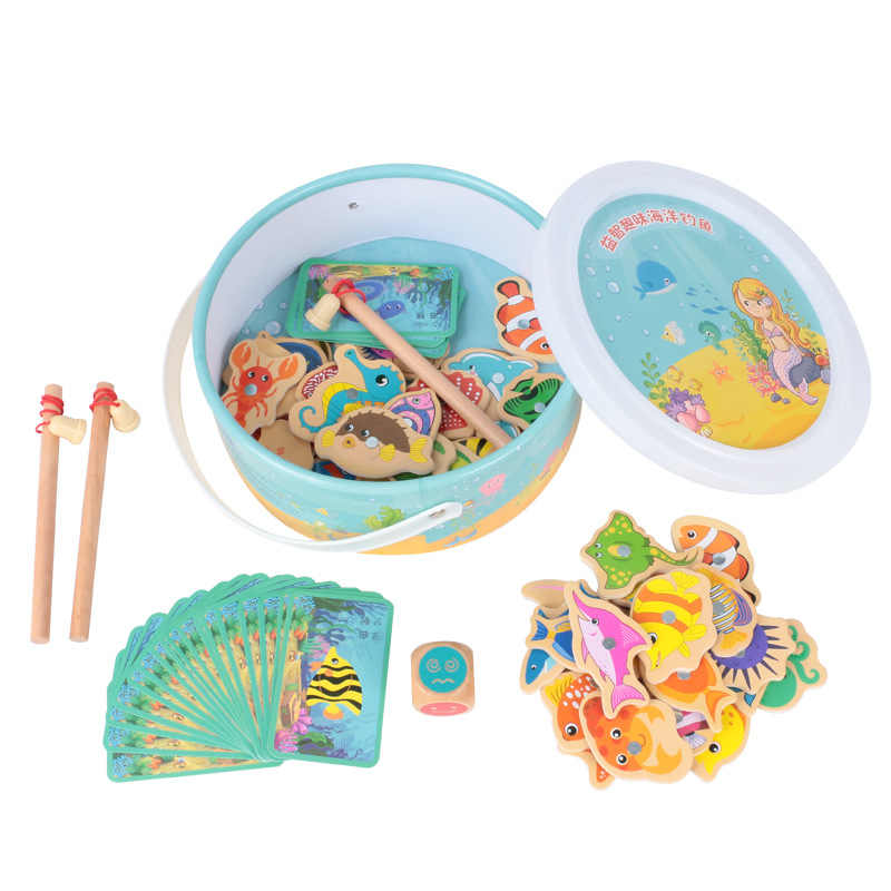 Barril de madera juguete de pesca marina educación temprana para niños rompecabezas cognición divertido juego de peces marinos magnéticos entre padres e hijos