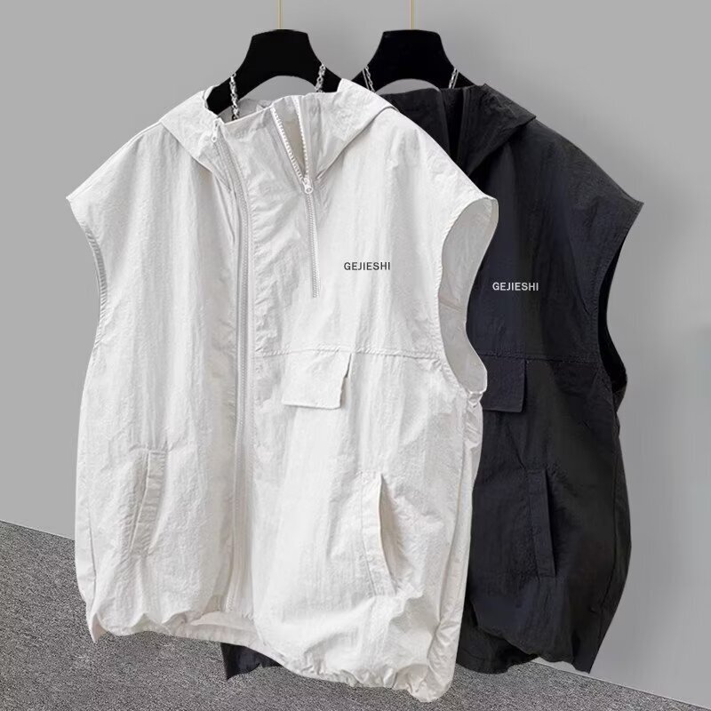 New Style Workwear Zipper Design Sleeveless T-Shirt Men's Suit Korean Style Trendy Casual Student Hooded Vest
