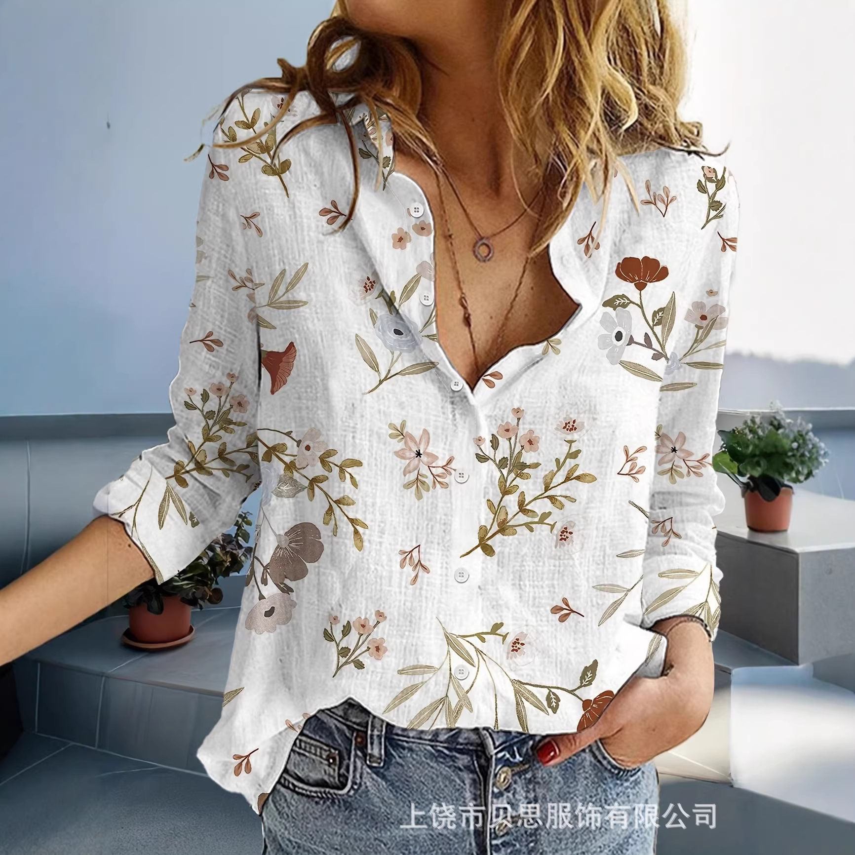 春秋女士3D数码印花新款个性潮流蓝色奇幻时尚长袖系扣衬衫