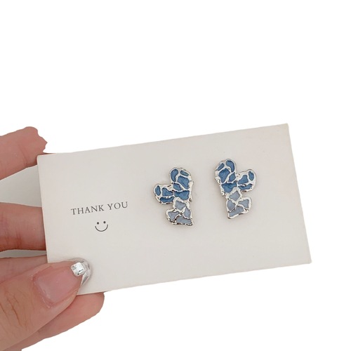 S925 silver needle retro style irregular blue love earrings high-end trendy earrings contrasting color personalized earrings