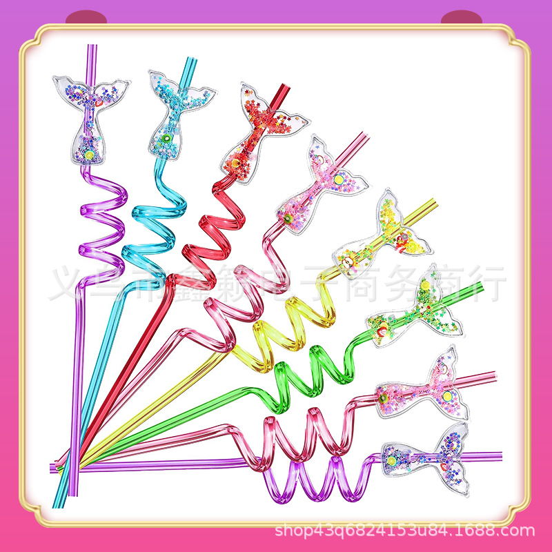 Paja de cola de pez glitt transfronteriza Venta caliente sirena tema creativo espiral fiesta paja dibujos animados paja