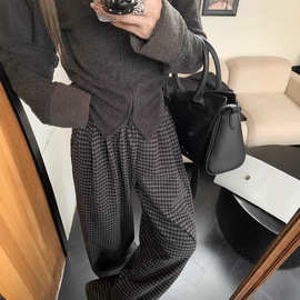 复古宽松格子休闲裤慵懒风阔腿裤女冬季高腰毛呢直筒裤拖地裤长裤