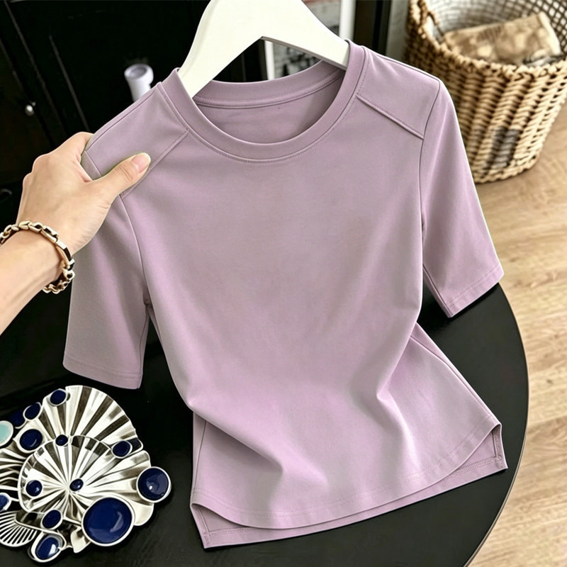Pure Cotton Regular Shoulder Round Neck Short Sleeve T-Shirt for Women 2026 New Style Loose Slimming Five-Quarter Sleeve Top Summer Thin T-Shirt