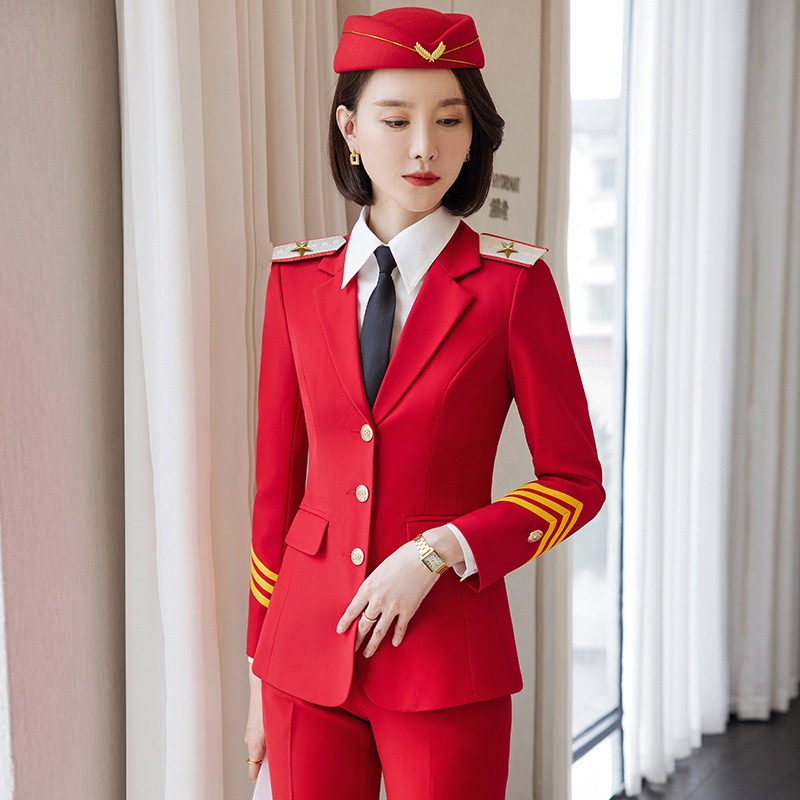 8701 National Day Bright Red Professional Attire Stewardess Uniform Women's Military-Style Suit Autumn and Winter Large Performance Suit Long-Sleeve Factory 8701 National Day Bright Red Professional Attire Stewardess Uniform Women's Military-Style Suit Autumn and Winter Large Performance Suit Long-Sleeve Factory