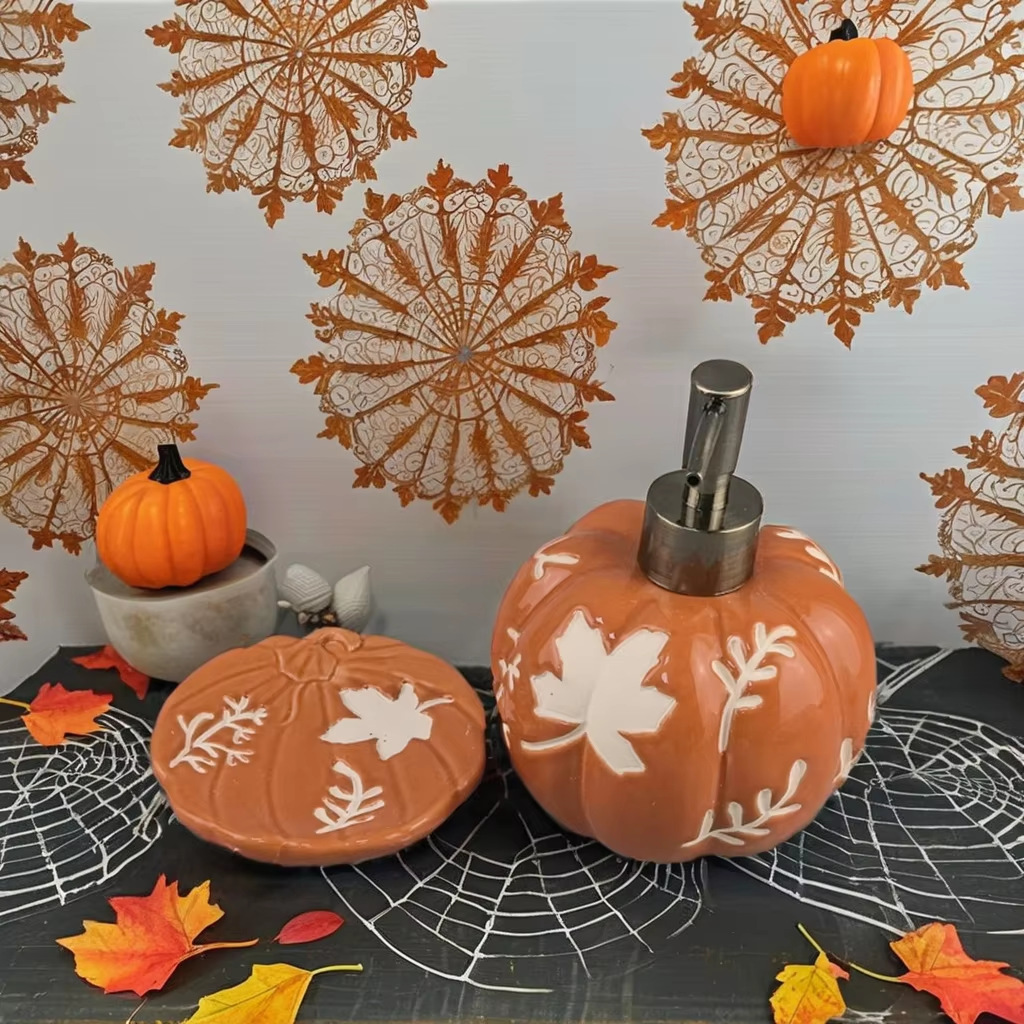 Botella de baño de calabaza de cerámica creativa personalizada de Halloween jabón pila set cerámica desinfectante de manos botella de presión botella dividida