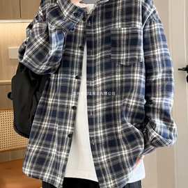 日系格子衬衫男长袖春季新款青少年潮流百搭宽松休闲工装衬衣外套