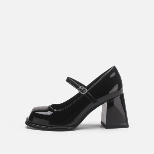 French Style High Heels Women's Retro Black Academy Style Off-line Button Square Toe Thick Bottom Thick Heel Small Leather Shoes Mary Jane Shoes
